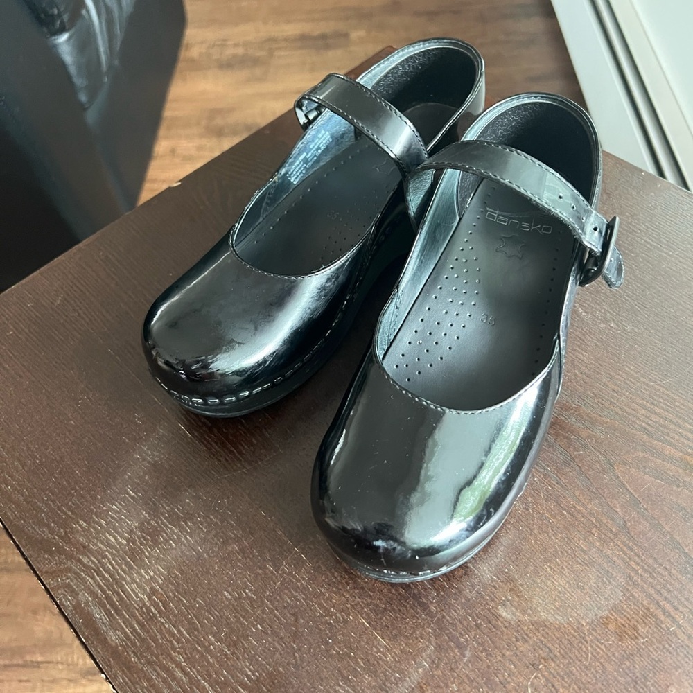 Dansko Black Dress Shoes with Patent Finish and Buckle